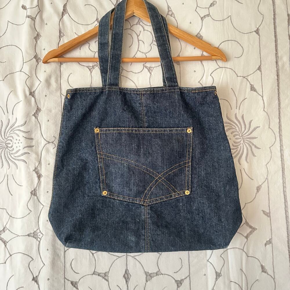 Y2K Denim Tote Bag Minimalist Jean Pocket Shoulder Bag